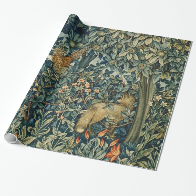 GREENERY,FOREST ANIMALS Pheasant ,Fox,Green Floral Wrapping Paper (Unrolled)