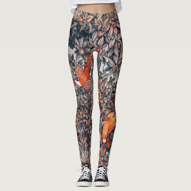 GREENERY,FOREST ANIMALS Pheasant ,Red Fox, Floral Leggings (Front)