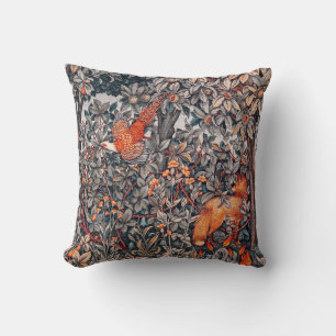 GREENERY,FOREST ANIMALS Pheasant ,Red Fox Floral Throw Pillow