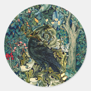 GREENERY, FOREST ANIMALS ,RAVEN IN GREEN FLORAL CLASSIC ROUND STICKER