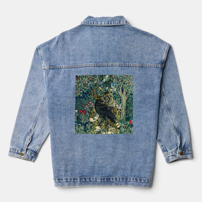 GREENERY, FOREST ANIMALS ,RAVEN IN GREEN FLORAL DENIM JACKET (Back)