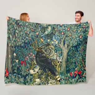 GREENERY, FOREST ANIMALS ,RAVEN IN GREEN FLORAL FLEECE BLANKET