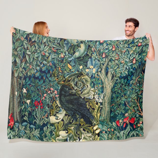 GREENERY, FOREST ANIMALS ,RAVEN IN GREEN FLORAL FLEECE BLANKET (In Situ)