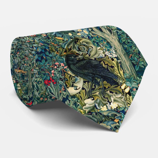 GREENERY, FOREST ANIMALS ,RAVEN IN GREEN FLORAL TIE (Rolled)