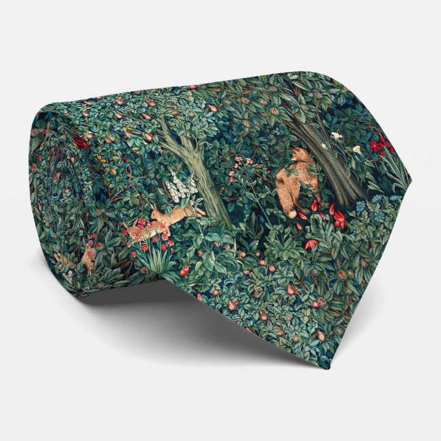 GREENERY,FOREST ANIMALS Red Fox,Hares,Green Floral Tie (Rolled)