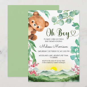 Greenery Forest Bear Wild Cub Baby Boy Shower Invitation