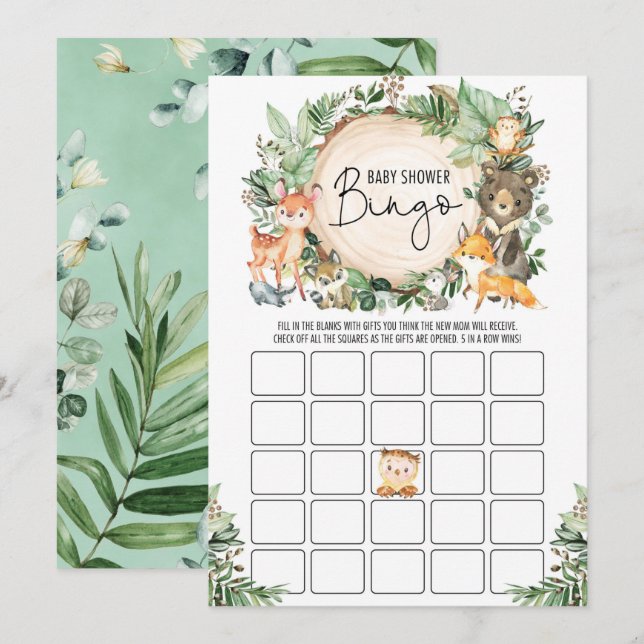 Greenery Forest Bingo Boy Baby Shower Game Card (Front/Back)