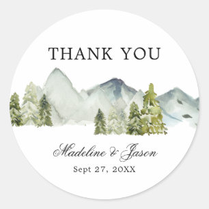 Greenery Forest Mountains Script Wedding Thank You Classic Round Sticker