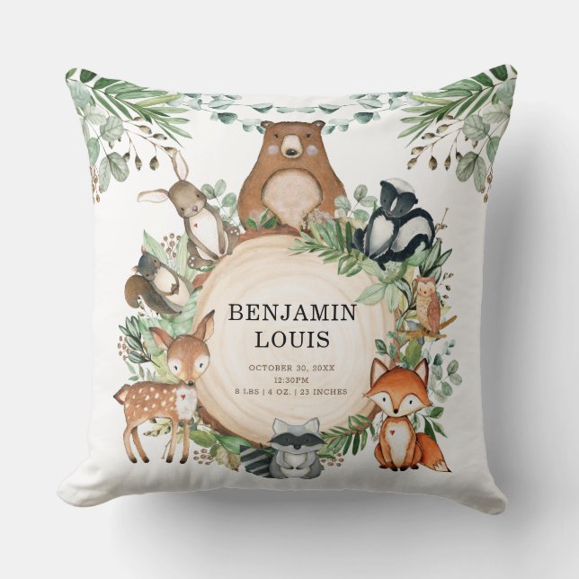 Greenery Forest Woodland Animals Nursery Decor Throw Pillow (Front)