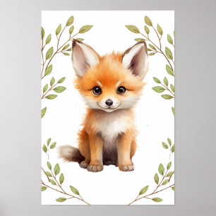 Greenery Fox Woodland Animals Nursery  Poster