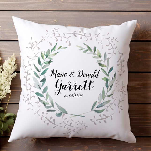 Greenery Frame Family Name Customizable Throw Pillow (Creator Uploaded)