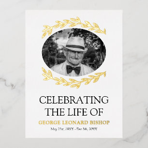 Greenery Frame Oval Photo Funeral Gold Foil Invitation Postcard