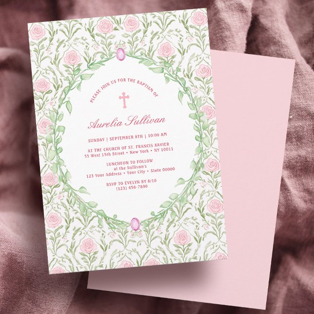Greenery Frame Pink Roses Baptism Invitation (Creator Uploaded)