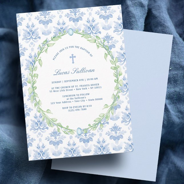 Greenery Frame White Blue Baptism Invitation (Creator Uploaded)