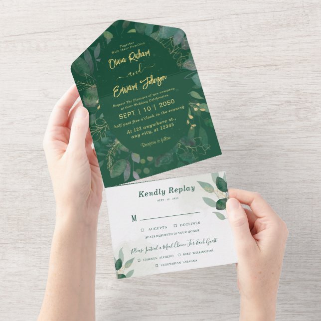 Greenery frame with Rsvp gold and green Wedding All In One Invitation (Tearaway)