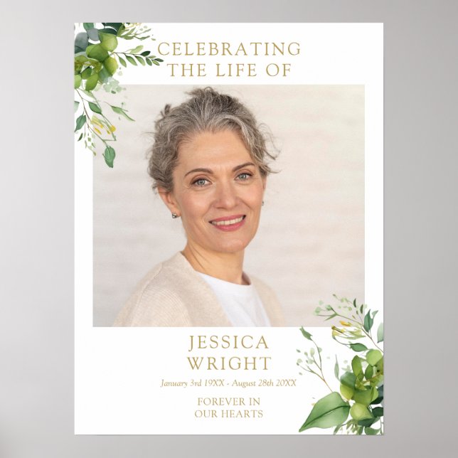 Greenery Funeral Celebration Of Life Photo Sign (Front)