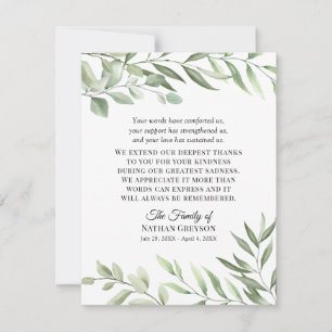Greenery Funeral Sympathy Thank You Note Card
