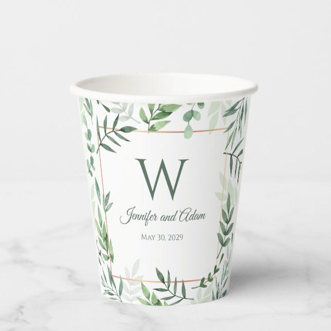 Greenery Garden Initial Wedding Paper Plates Paper Cups (Front)