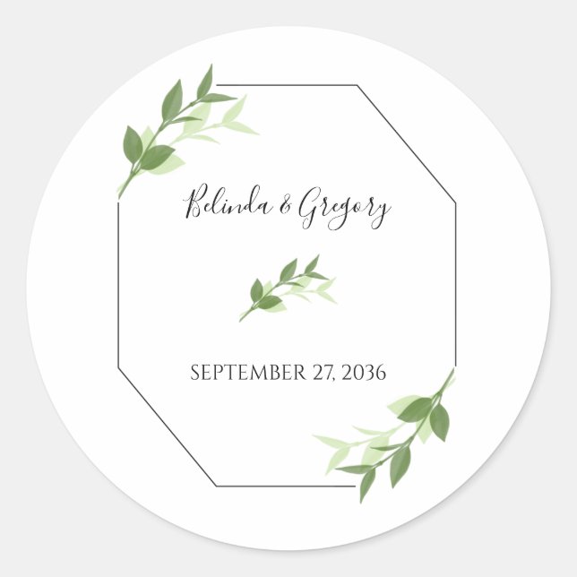 Greenery Garden Leaves Frame Wedding Classic Round Sticker (Front)