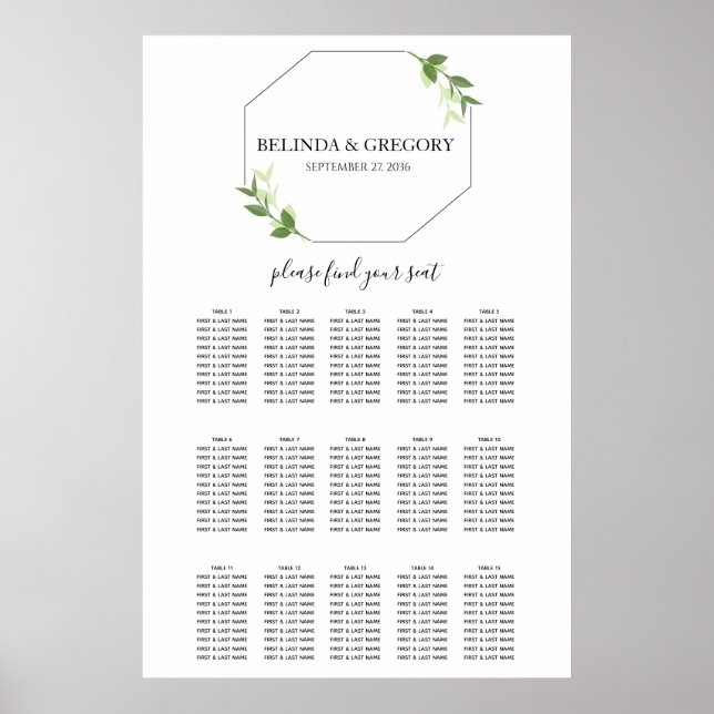 Greenery Garden Leaves Frame Wedding Seating Chart (Front)
