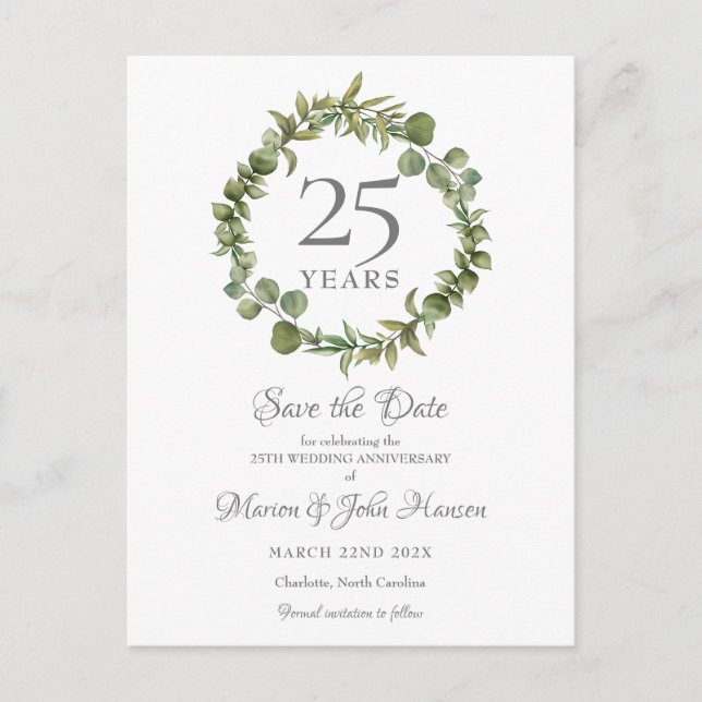 Greenery Garland 25th Anniversary Save the Date Postcard (Front)