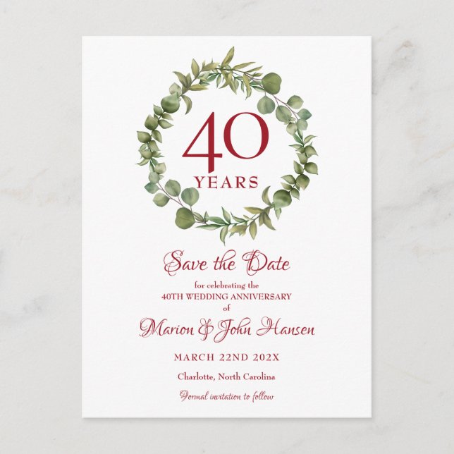 Greenery Garland 40th Anniversary Save the Date Postcard (Front)