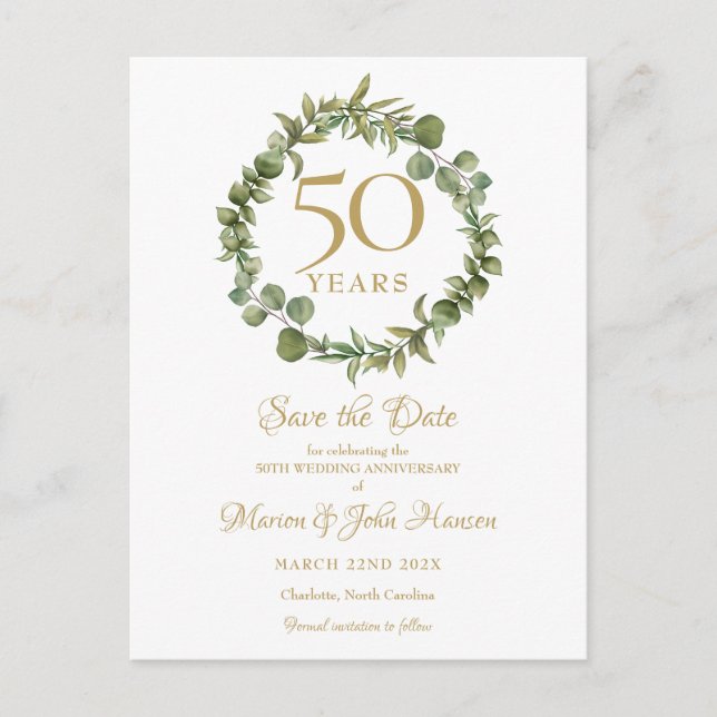 Greenery Garland 50th Anniversary Save the Date Announcement Postcard (Front)