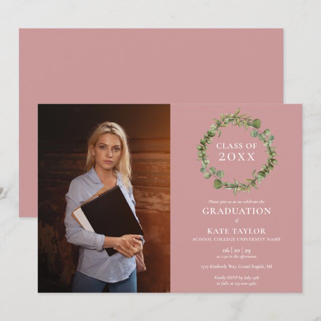 Greenery Garland Dusty Rose Photo Graduation Party Invitation (Front/Back)