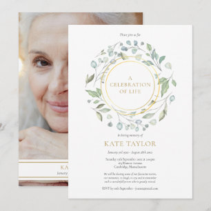 Greenery Garland Gold Celebration of Life Photo Invitation