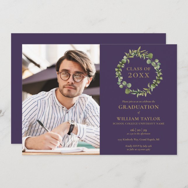 Greenery Garland Purple Photo Graduation Party Inv Invitation (Front/Back)