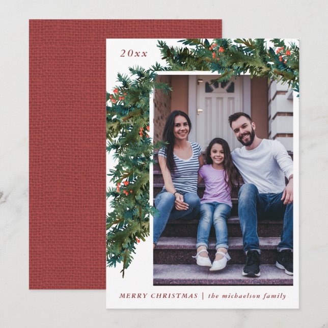 Greenery Garland Red Burlap Look Photo Holiday (Front/Back)