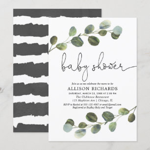 Greenery gender neutral baby shower, black white invitation
