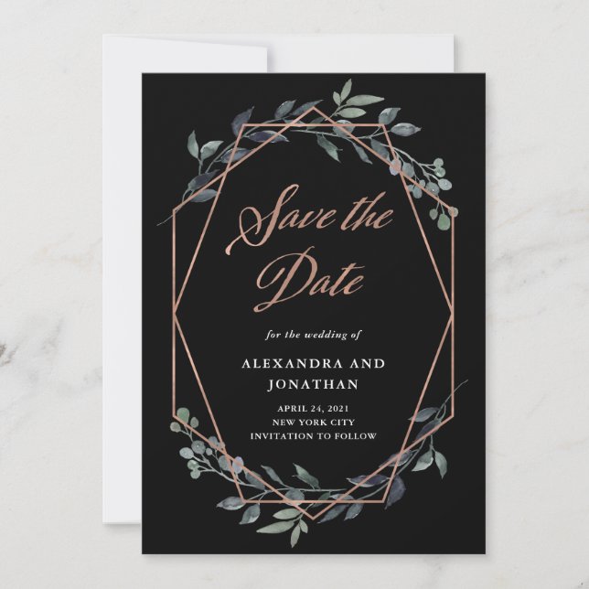 Greenery Geo Black | Rose Gold Save The Date (Front)