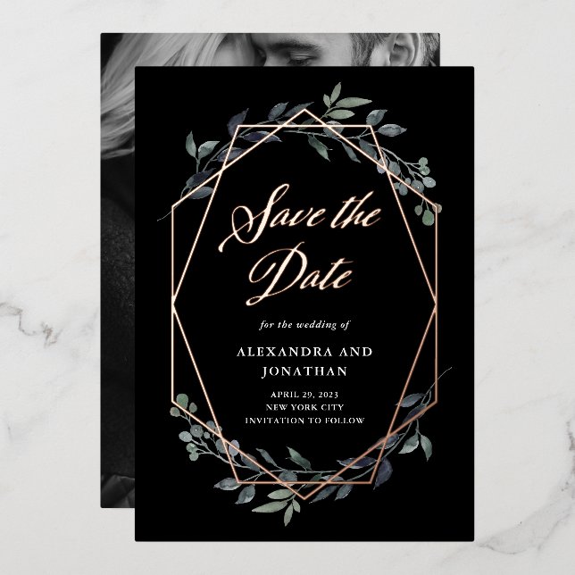 Greenery Geo Black | Rose Gold Save The Date (Front/Back)