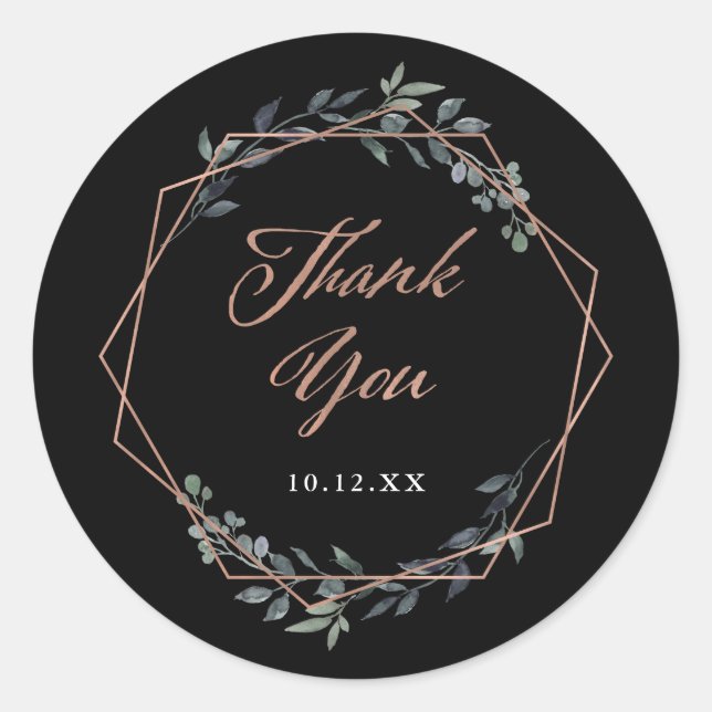 Greenery Geo Black | Rose Gold Wedding Thank You Classic Round Sticker (Front)
