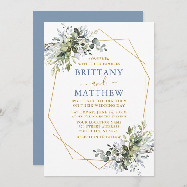 Greenery Geo Frame Wedding Dusty Blue Gold Invitation (Front/Back)
