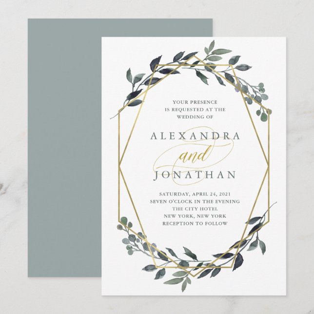 Greenery Geo | Gold Wedding Invitation (Front/Back)
