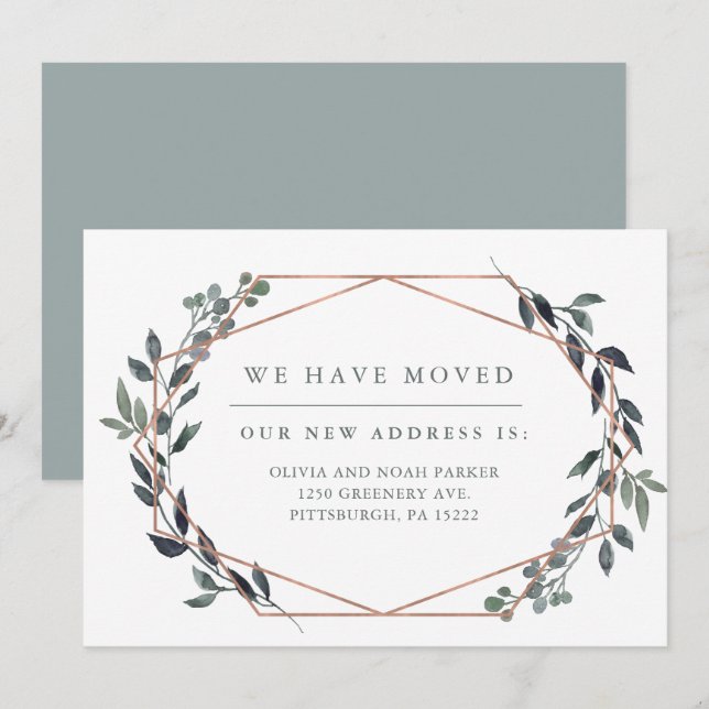 Greenery Geo | Rose Gold Change of Address Invitation (Front/Back)