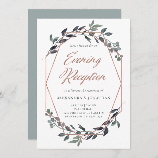 Greenery Geo | Rose Gold Evening Reception Invitation (Front/Back)
