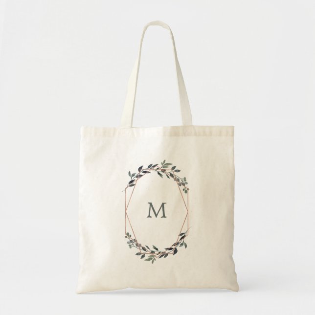 Greenery Geo | Rose Gold Monogram Bridesmaid Tote Bag (Front)