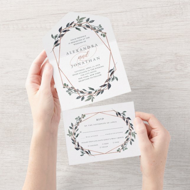 Greenery Geo | Rose Gold Wedding and Meal Choice A All In One Invitation (Tearaway)