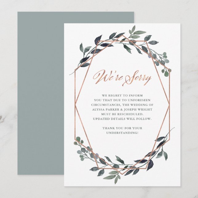 Greenery Geo | Rose Gold Wedding Cancellation Invitation (Front/Back)