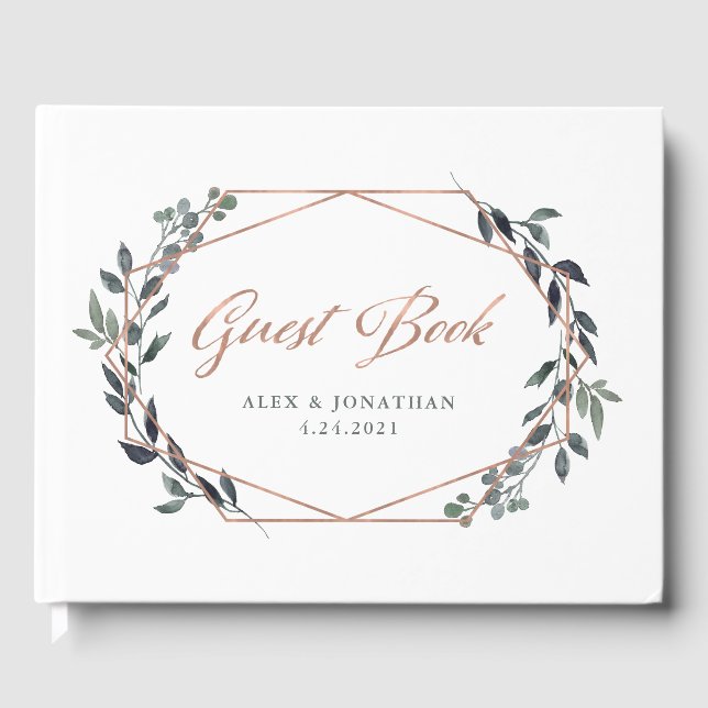 Greenery Geo | Rose Gold Wedding Guest Book (Front)