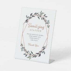 Greenery Geo   Rose Gold Wedding   Hand Sanitizer  Pedestal Sign