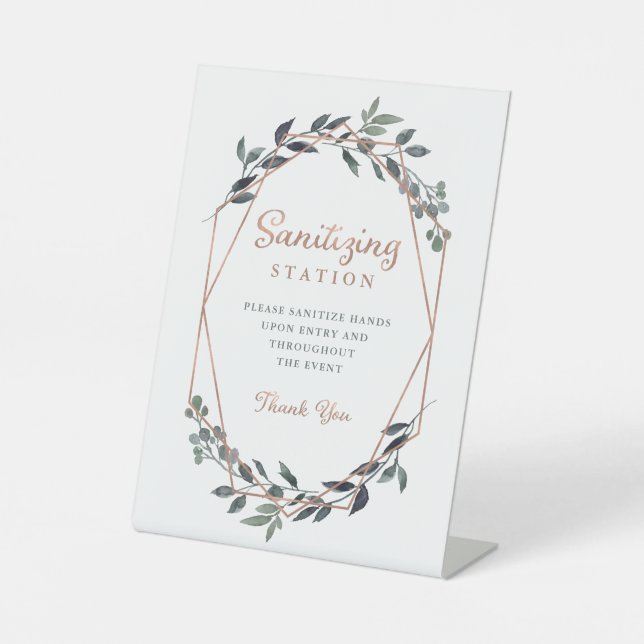 Greenery Geo | Rose Gold Wedding | Hand Sanitizer  Pedestal Sign (Front)