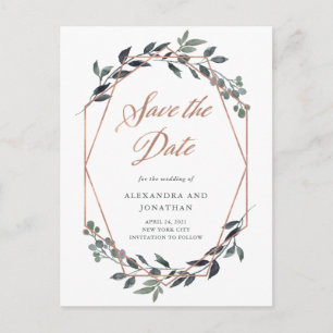 Greenery Geo   Rose Gold Wedding Save the Date Postcard