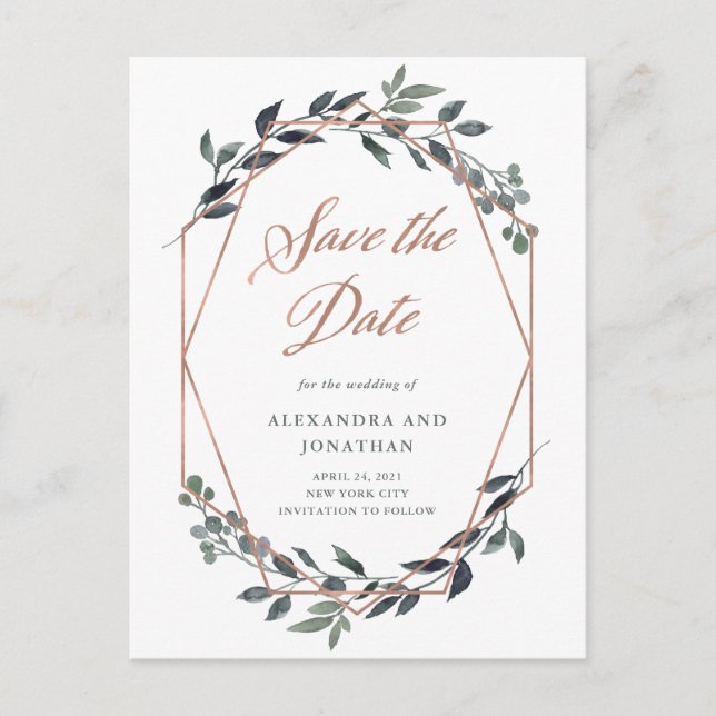 Greenery Geo | Rose Gold Wedding Save the Date Postcard (Front)