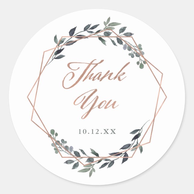 Greenery Geo | Rose Gold Wedding Thank You Classic Round Sticker (Front)