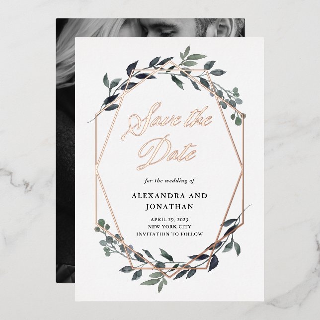Greenery Geo White | Rose Gold Save The Date (Front/Back)