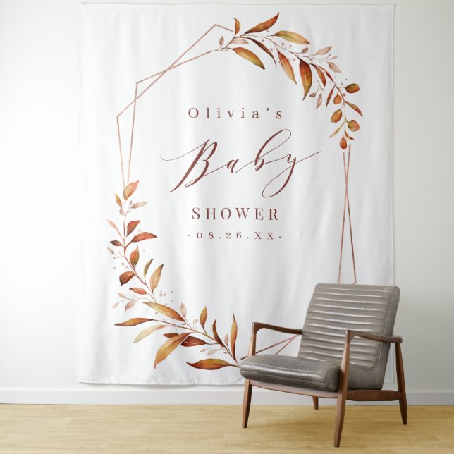 Greenery Geometric Baby Shower Photo Backdrop Tapestry (In Situ)